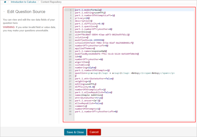 Source code in the Edit Question Source pane is highlighted.